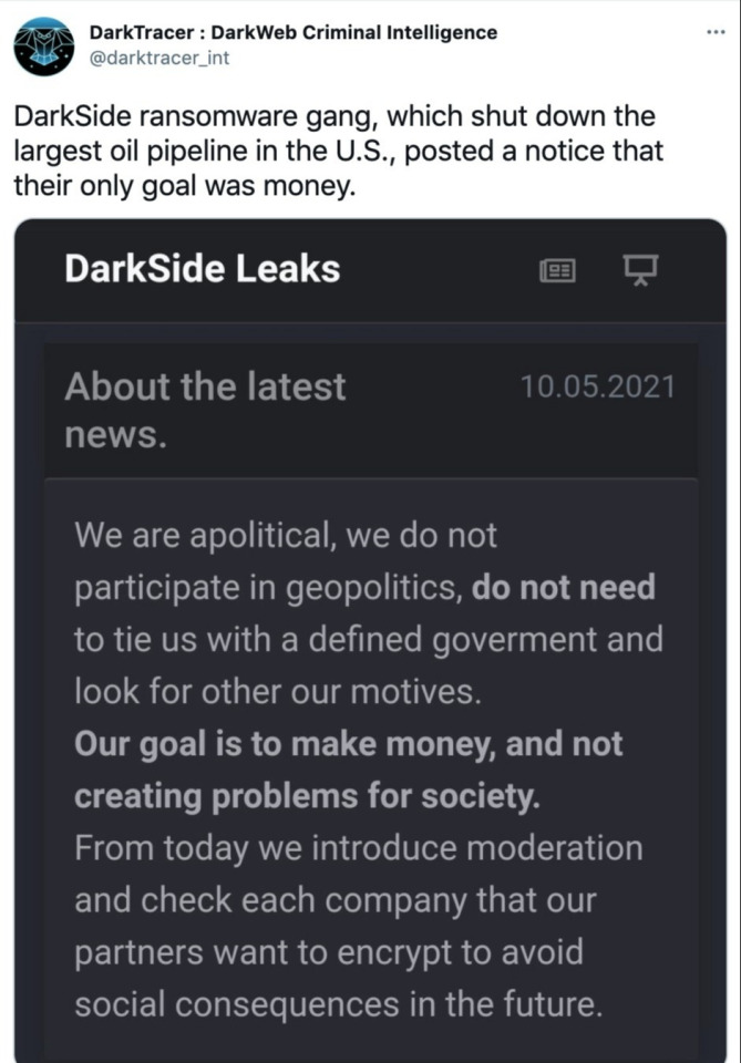 Das Bild zeigt die Verlautbarung von DarkSide, dass sie ethisch handeln